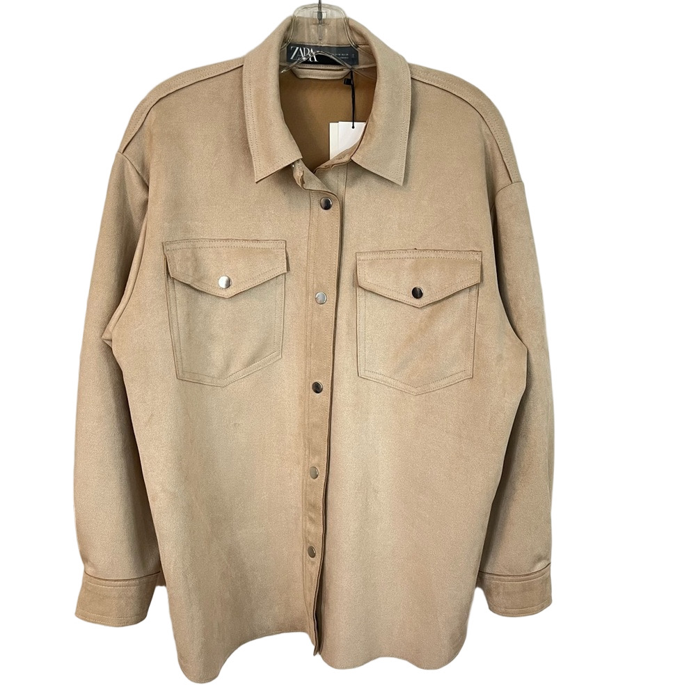 Zara Women's Faux Suede Shacket Shirt Jacket Western Boho Oversized Taupe M Boho